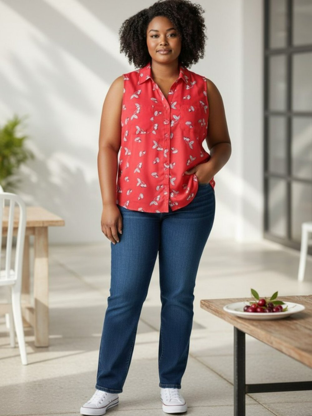Christopher & Banks Red with White Cherries Sleeveless Blouse in Size PXL